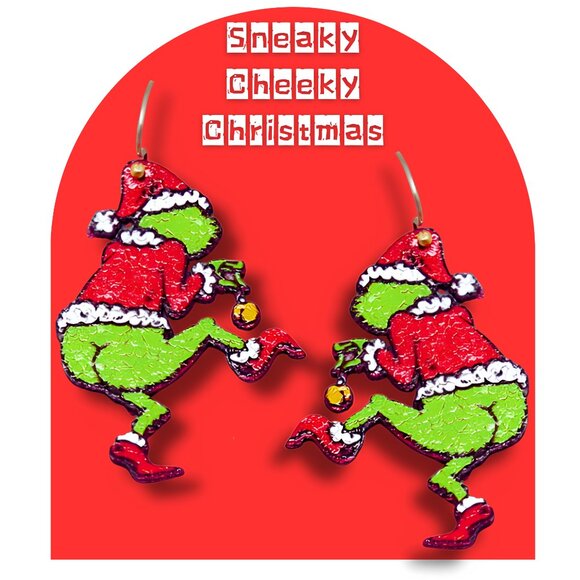 Whoville's Full Moon Cheeky Grinch Christmas Earrings Holiday Bling Sparkle NEW - Picture 1 of 7